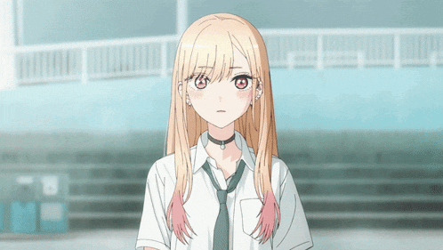 a girl with long blonde hair and red eyes wearing a white shirt and tie
