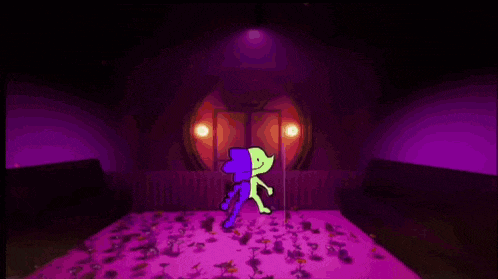 two cartoon characters are standing next to each other in a dark room with a purple background .