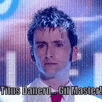 a man in a white shirt and red tie says " titus danerd ... gif master ! "