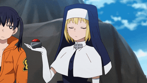 a girl in a nun costume is holding a red button in her hand