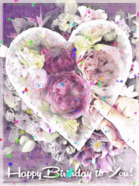 a birthday card with a heart shaped bouquet of flowers