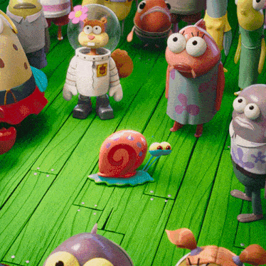 a group of cartoon characters including spongebob and sandy cheeks are standing on a green wooden floor