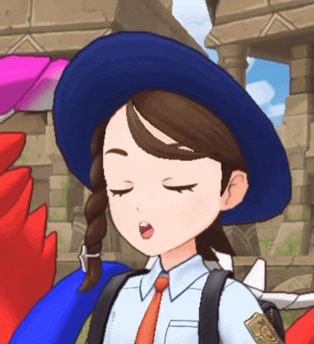 a cartoon girl wearing a blue hat and a white shirt