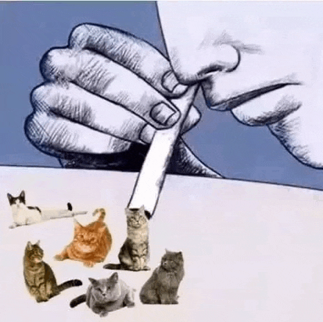 a drawing of a person smoking a cigarette with cats sitting around them .