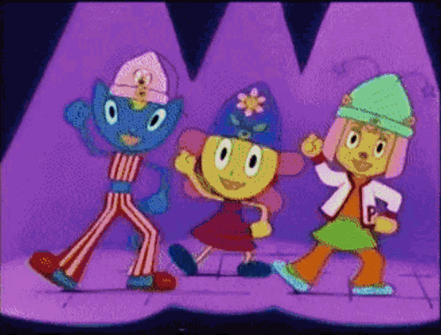three cartoon characters dancing in front of a purple m