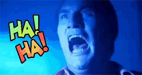 a man with his mouth open and the words ha! ha! above him