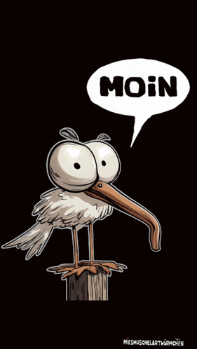 a cartoon of a bird with a speech bubble that says " moin "
