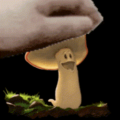 a mushroom with a face on it is being held up by a hand