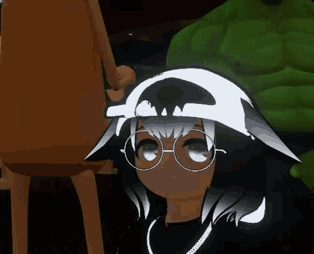 a cartoon character wearing glasses and a hat is standing next to a wooden chair .