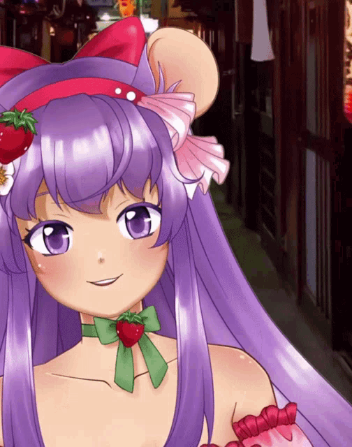 a cartoon girl with purple hair and a strawberry on her head