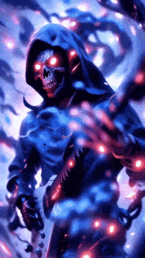 a skeleton with red eyes and a hood is holding a sword .