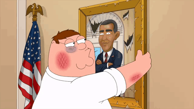 peter griffin is holding a picture of obama in front of an american flag