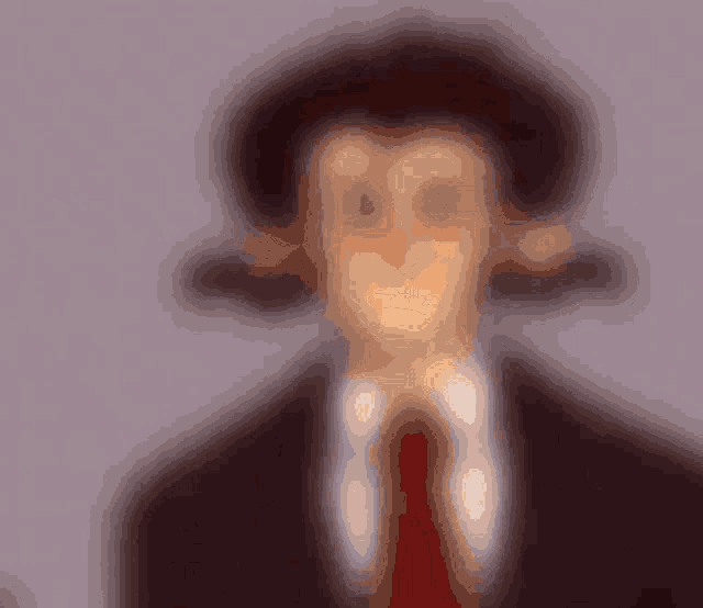 a blurry cartoon of a man wearing a hat and tie