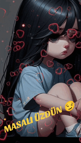 a girl with long black hair is surrounded by red hearts and the words masali uzdun on the bottom
