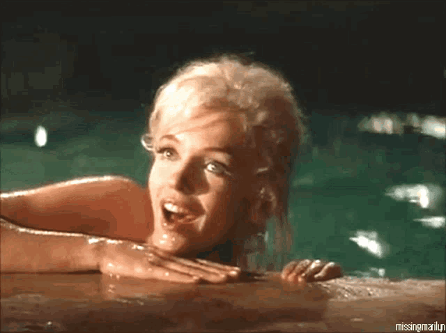 a picture of a woman in a pool with the words missing marilyn on the bottom