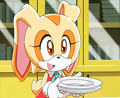 a cartoon rabbit is holding a stack of white plates