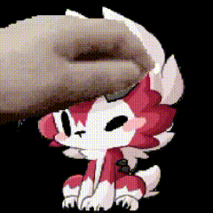 a person is petting a red and white cartoon character on a black background .