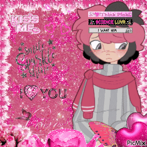 a pixel art of a girl holding a butterfly with the words kiss me i love you in the corner