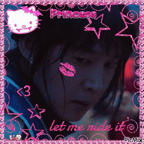 a picture of a girl with a hello kitty and the words princess let me ride it