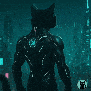 a black cat stands in front of a futuristic city with the words tech inspired community driven $ nacho