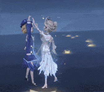 a woman in a white dress stands next to a man in a blue coat