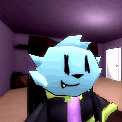 a cartoon character in a room with purple walls and a white door