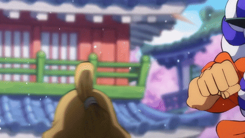 a cartoon character is standing in front of a building with a fist in his hand .