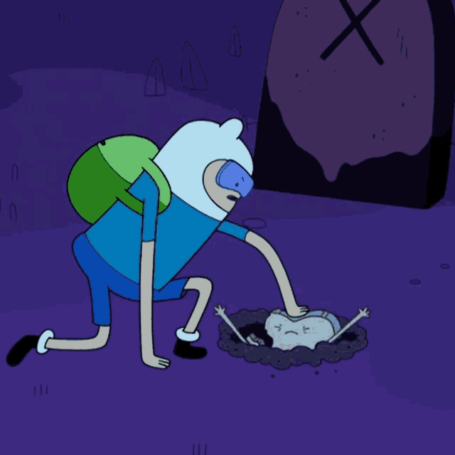 a cartoon character is kneeling down in front of a gravestone with a cross on it