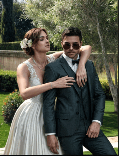 a bride and groom posing for a picture in a park