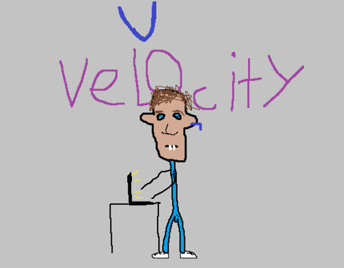 a drawing of a man with the word velocity written on the wall behind him