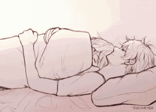 a drawing of a man and a woman sleeping with the name yukinayee on the bottom right
