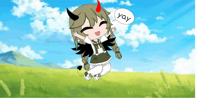 a girl with horns is jumping in the air with a speech bubble saying yay