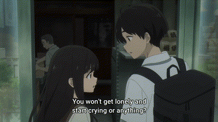 a boy and a girl are standing next to each other and the girl is asking the boy if he will get lonely and start crying