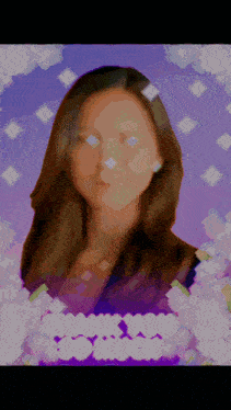 a pixelated image of a woman in a purple circle with the words sarah on the bottom right