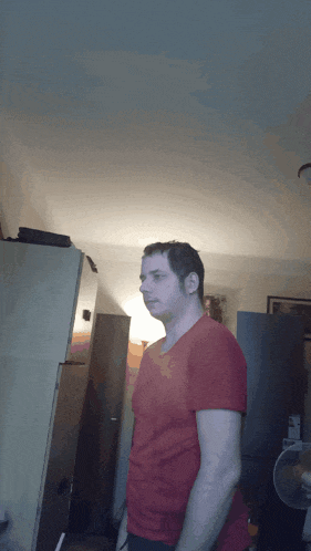 a man in a red shirt is standing in front of a refrigerator