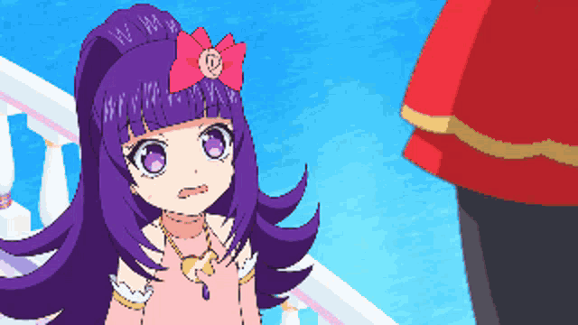 a girl with purple hair has a pink bow on her head