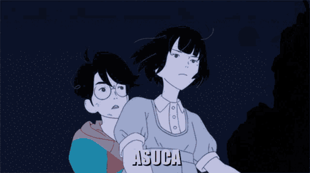 a cartoon of a boy and a girl with the name asuca on the bottom right