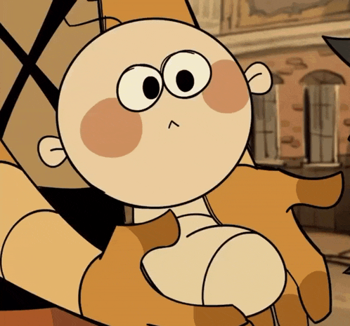 a cartoon character with big eyes and a smirk on his face is being held by someone