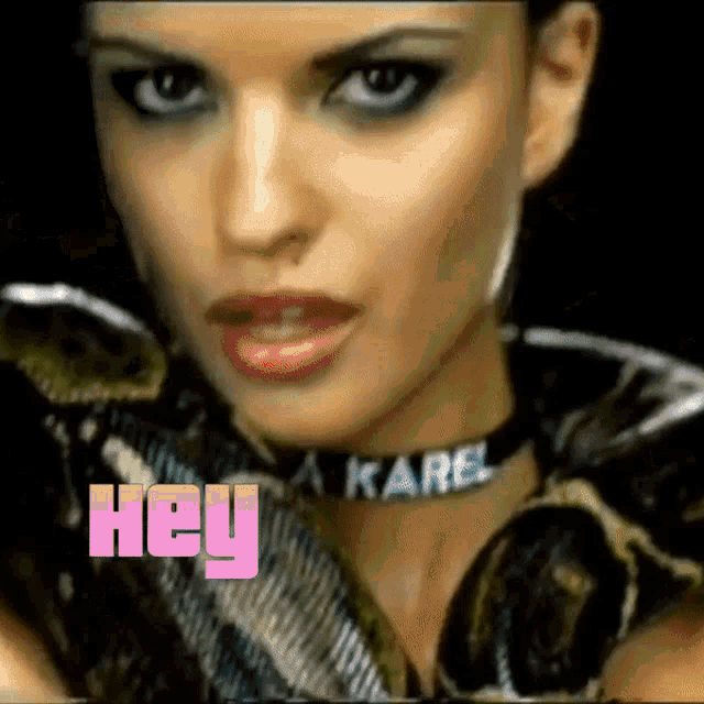 a woman with a snake around her neck has the word hey in pink
