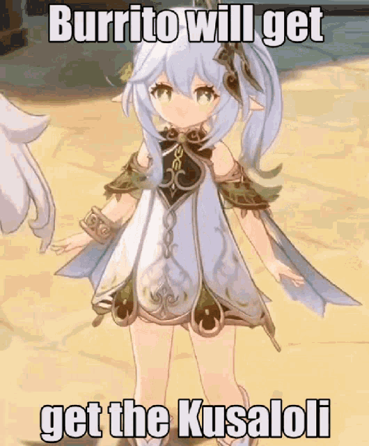 a girl in a white dress is holding her hands together and says burrito will get get the kusalori