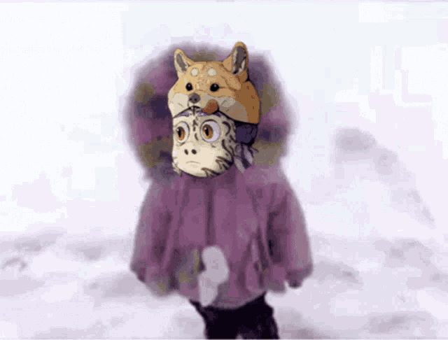 a child wearing a purple jacket and a dog mask on his head