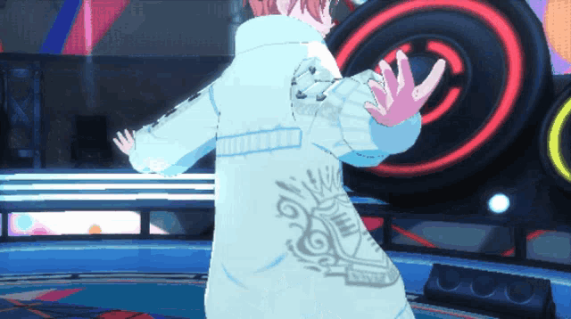 a girl in a blue jacket with a shield on the back is dancing