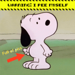 a cartoon of snoopy standing in front of a sign that says " warning i pee myself "