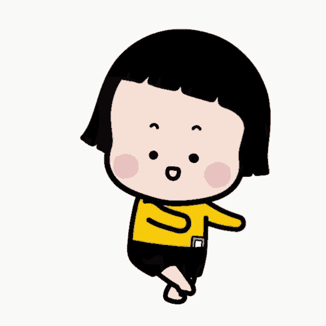 a cartoon girl with short black hair is wearing a yellow shirt and black shorts and is standing on one leg .