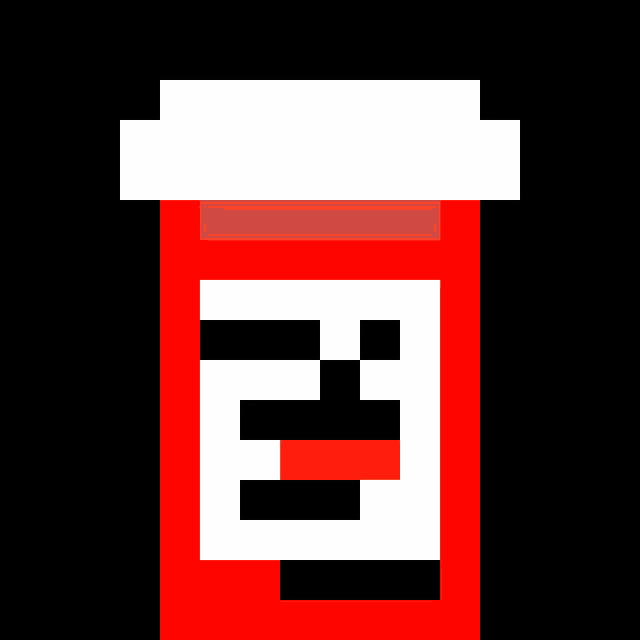 a pixel art illustration of a bottle of pills with a smiling face .