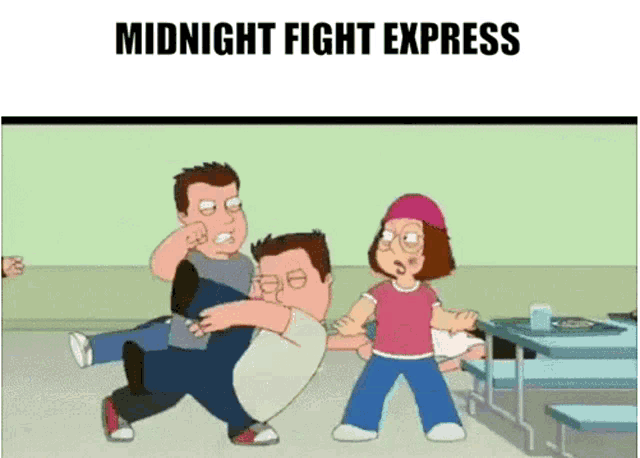 a cartoon of a man being carrying another man with the words midnight fight express on the bottom
