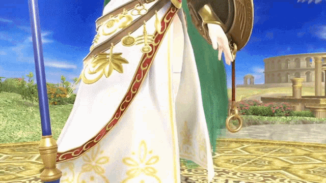 a woman in a white dress is holding a shield