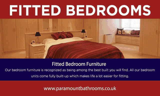 an advertisement for fitted bedroom furniture shows a bedroom with a red comforter