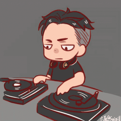 a cartoon drawing of a man playing music with the letters a and c on his earphones