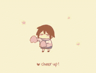a cartoon of a girl holding up her hands with the words `` cheer up '' written below her .